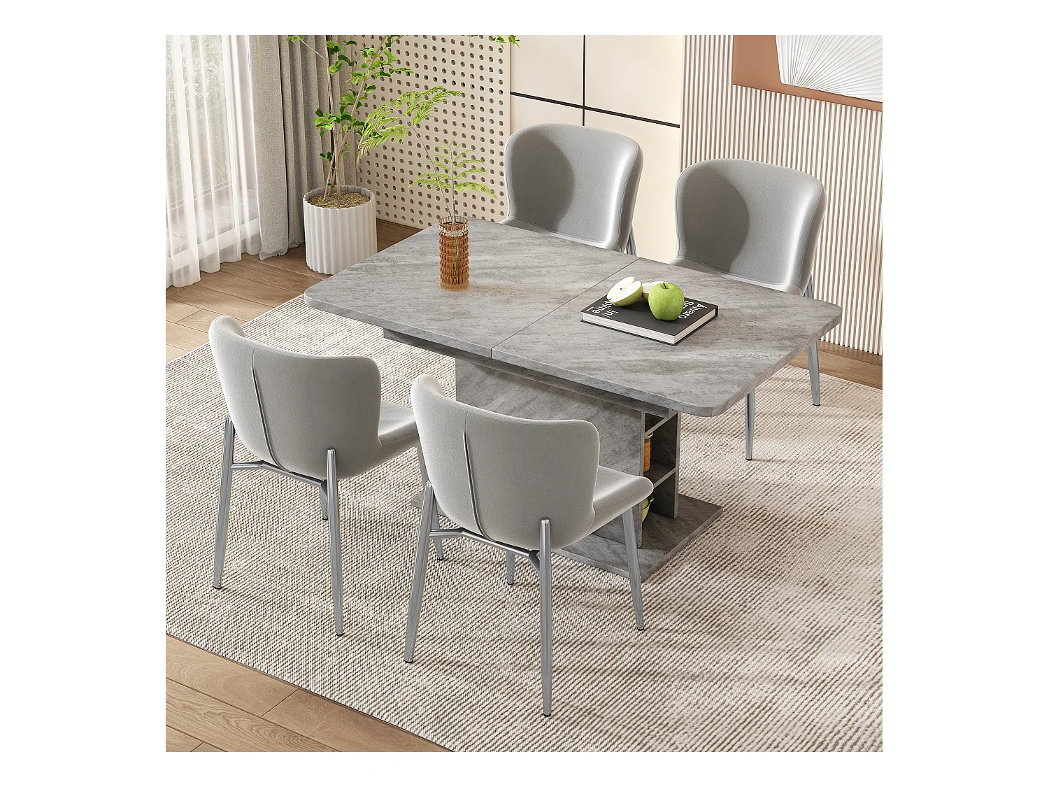 Lot de 4 chaises de salle à manger en velours gris, dossier rembourré et pieds en métal argenté