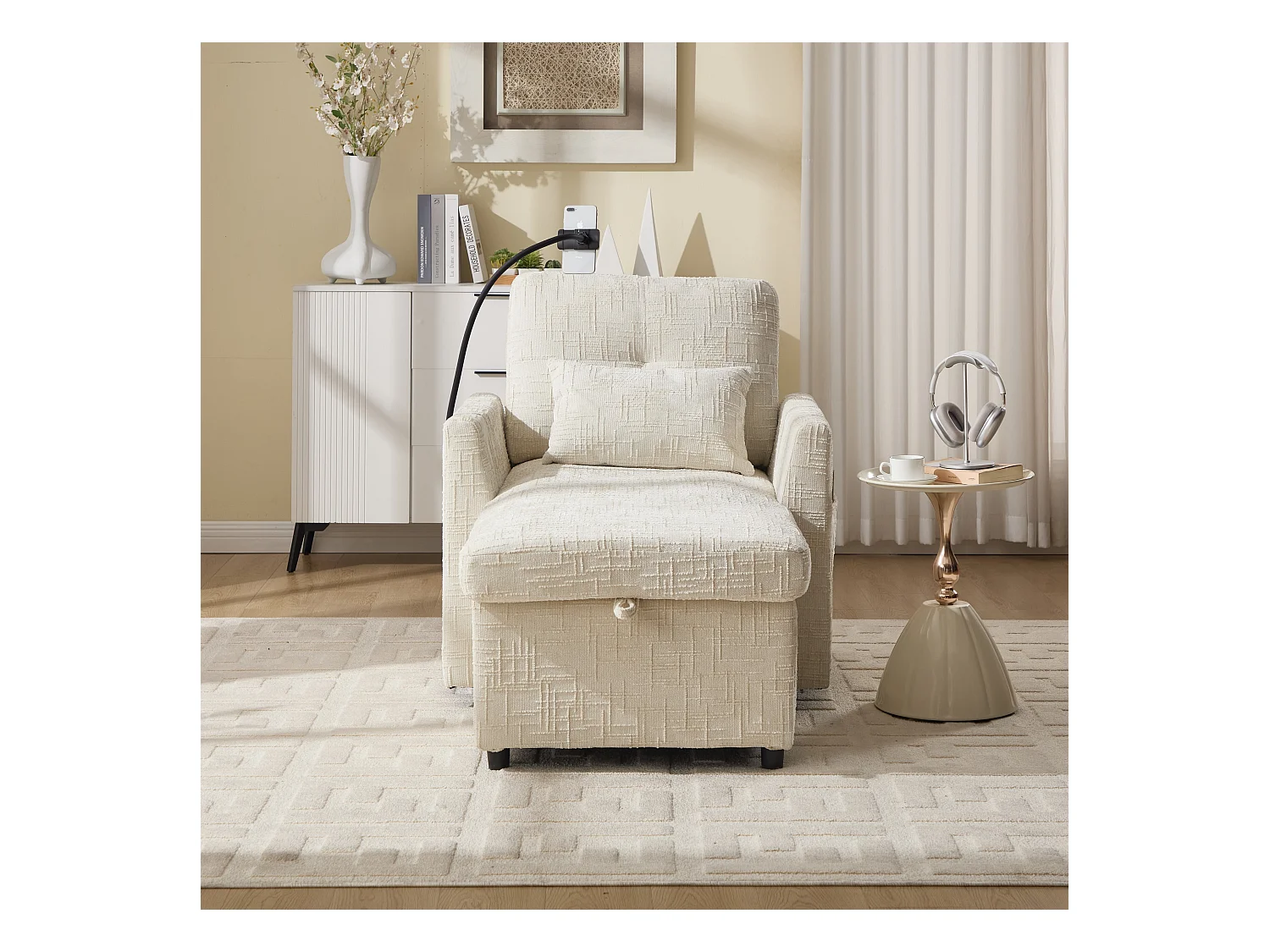 Canapé simple avec rangement, poches latérales et support pour téléphone - Chenille beige