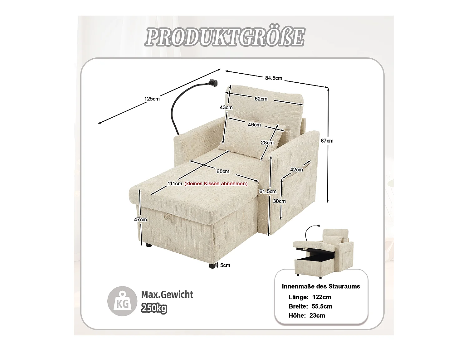 Canapé simple avec rangement, poches latérales et support pour téléphone - Chenille beige