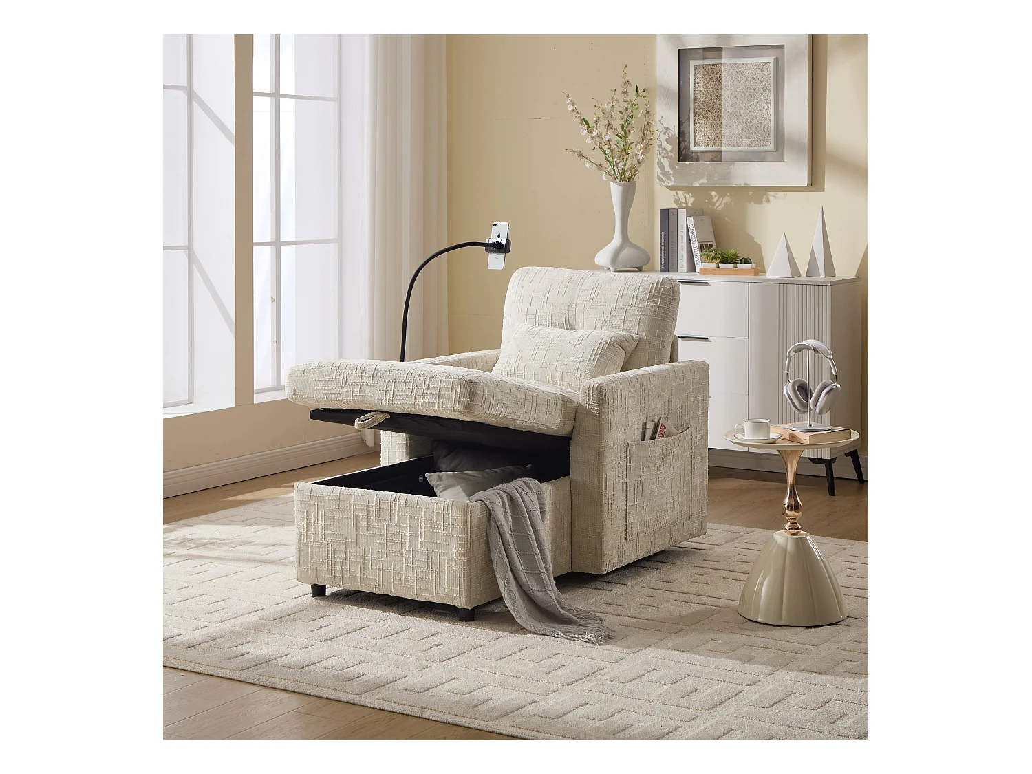 Canapé simple avec rangement, poches latérales et support pour téléphone - Chenille beige