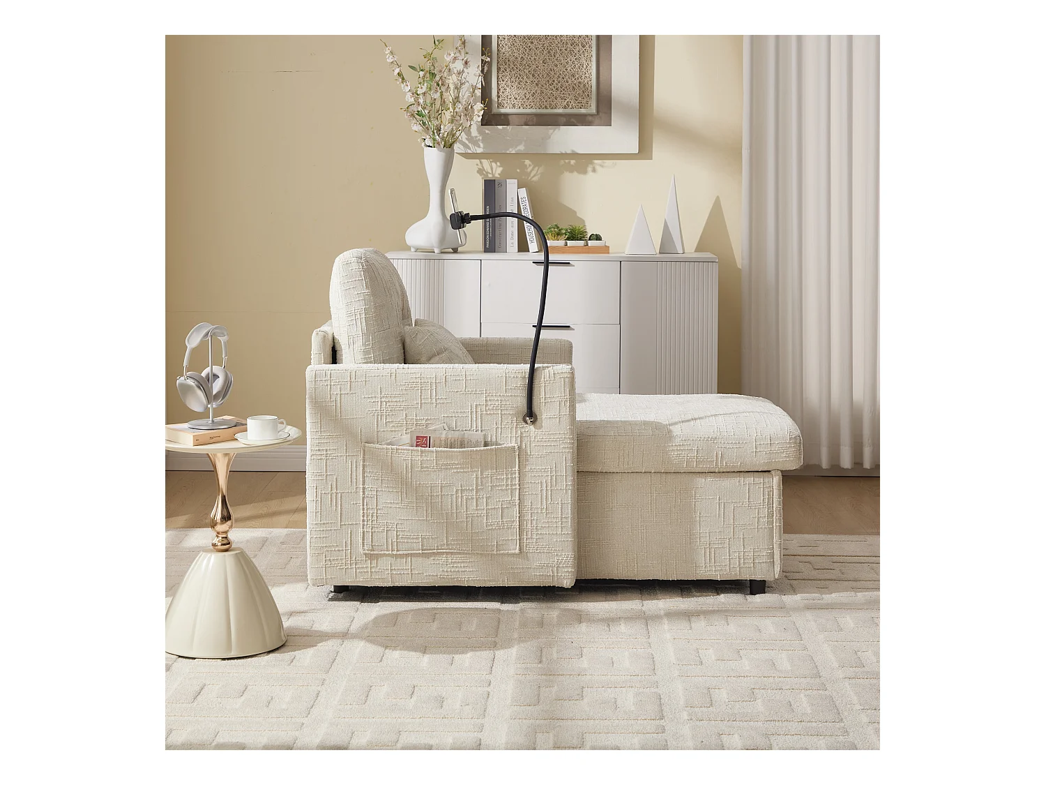 Einzel-Loungesofa mit Stauraum, Seitentaschen und Handyhalter - Chenille beige