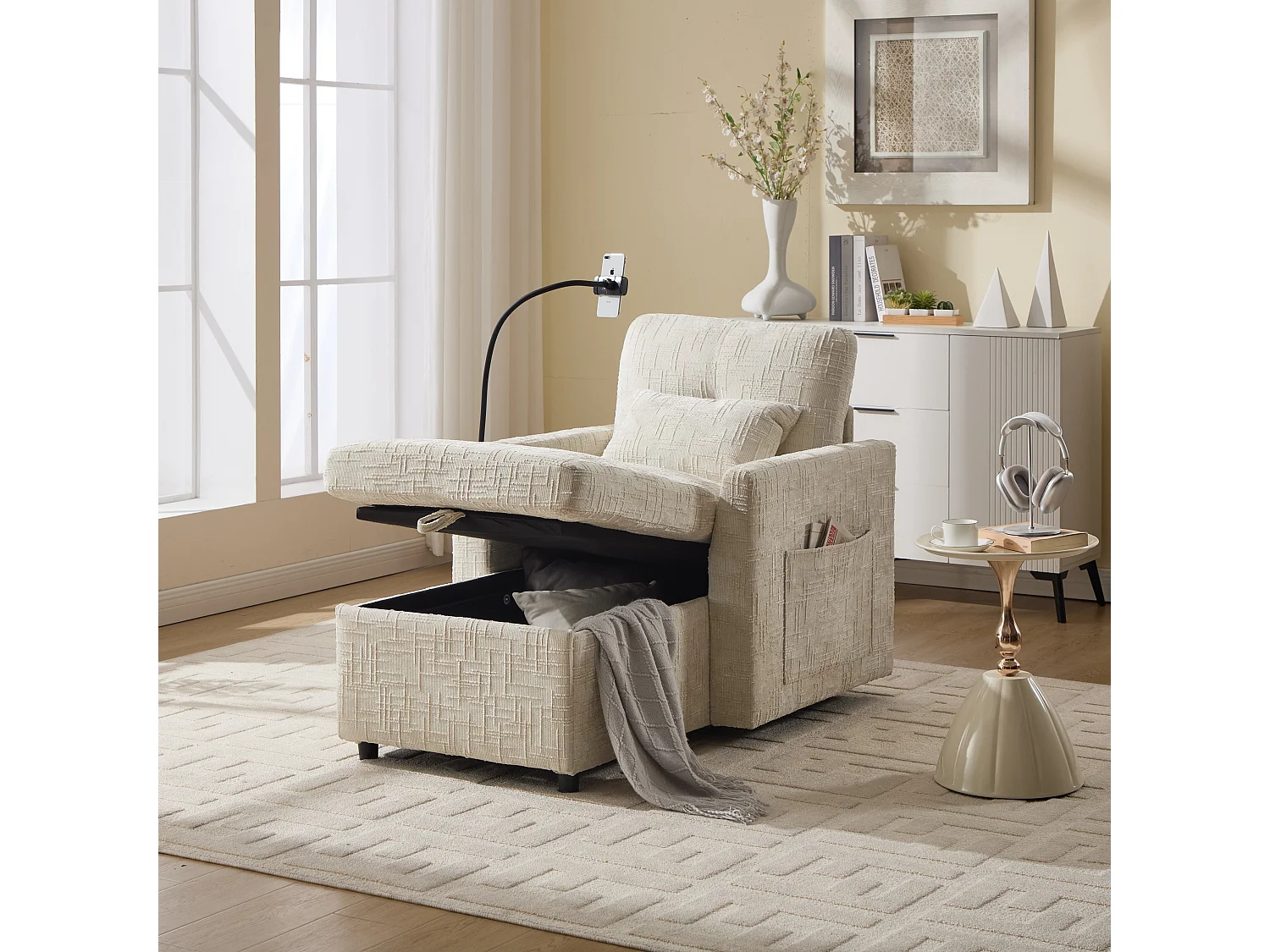 Einzel-Loungesofa mit Stauraum, Seitentaschen und Handyhalter - Chenille beige