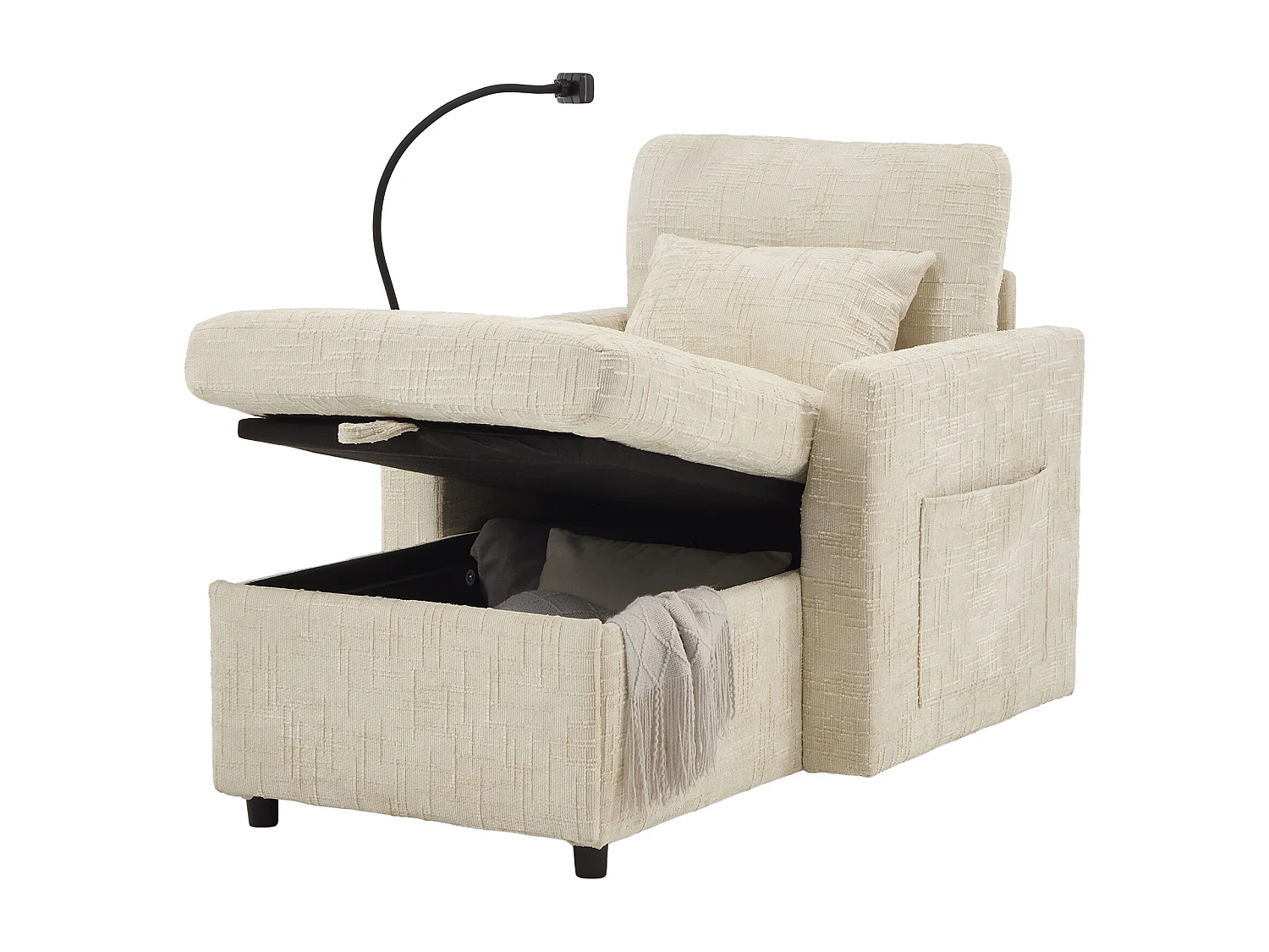 Einzel-Loungesofa mit Stauraum, Seitentaschen und Handyhalter - Chenille beige