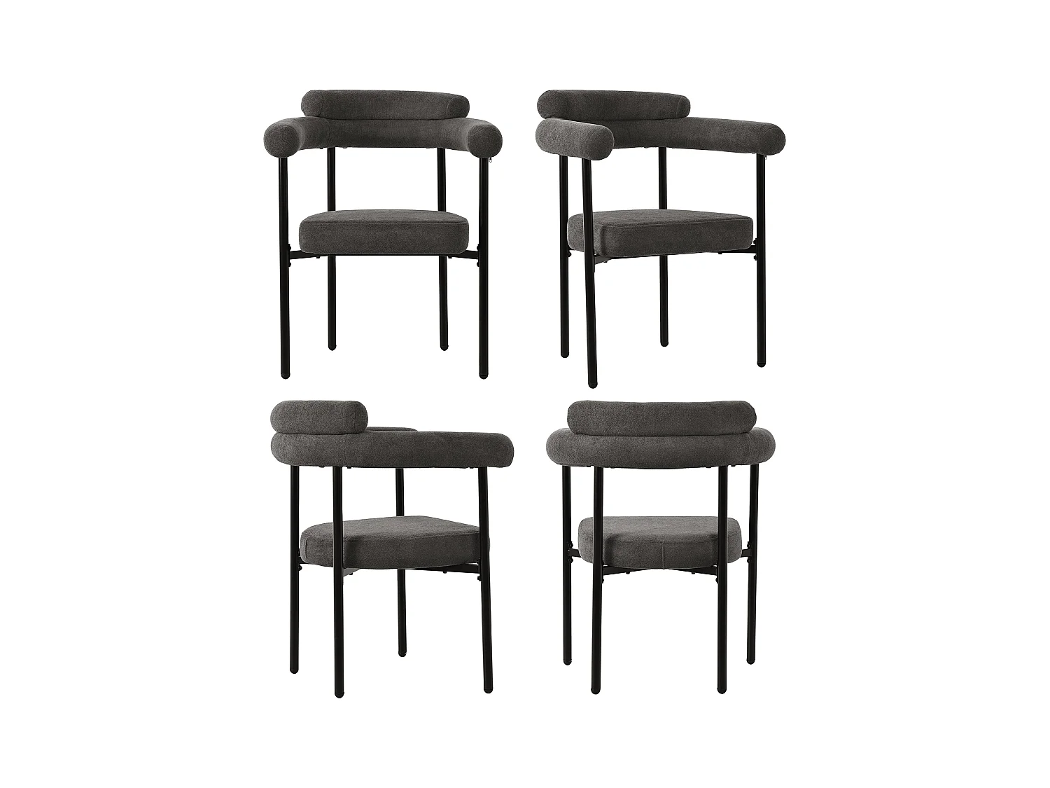 Lot de 4 chaises de salle à manger avec dossier en boucle et accoudoirs - tissu peluche gris foncé