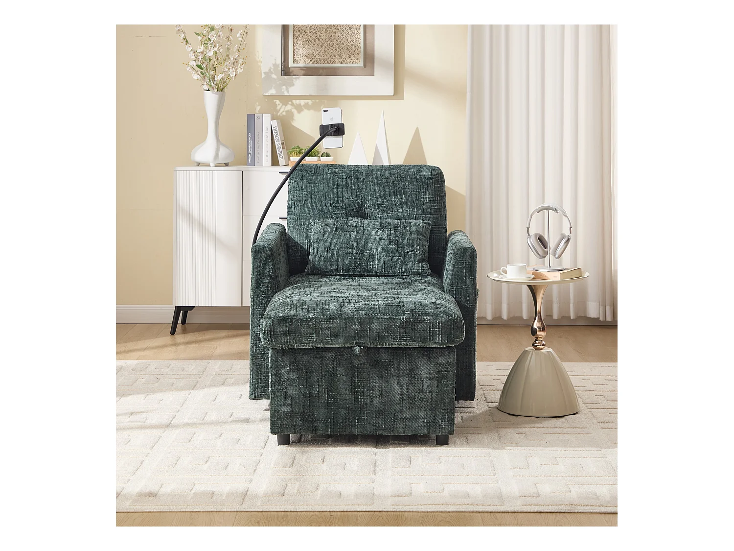 Sofá individual con almacenamiento, bolsillos laterales y soporte para teléfono - chenilla verde oscuro