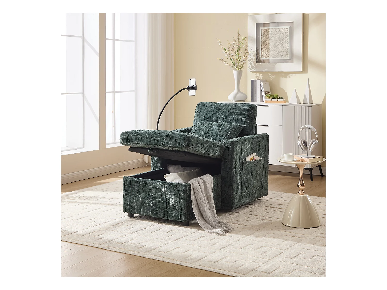 Canapé simple avec rangement, poches latérales et support pour téléphone - Chenille vert foncé