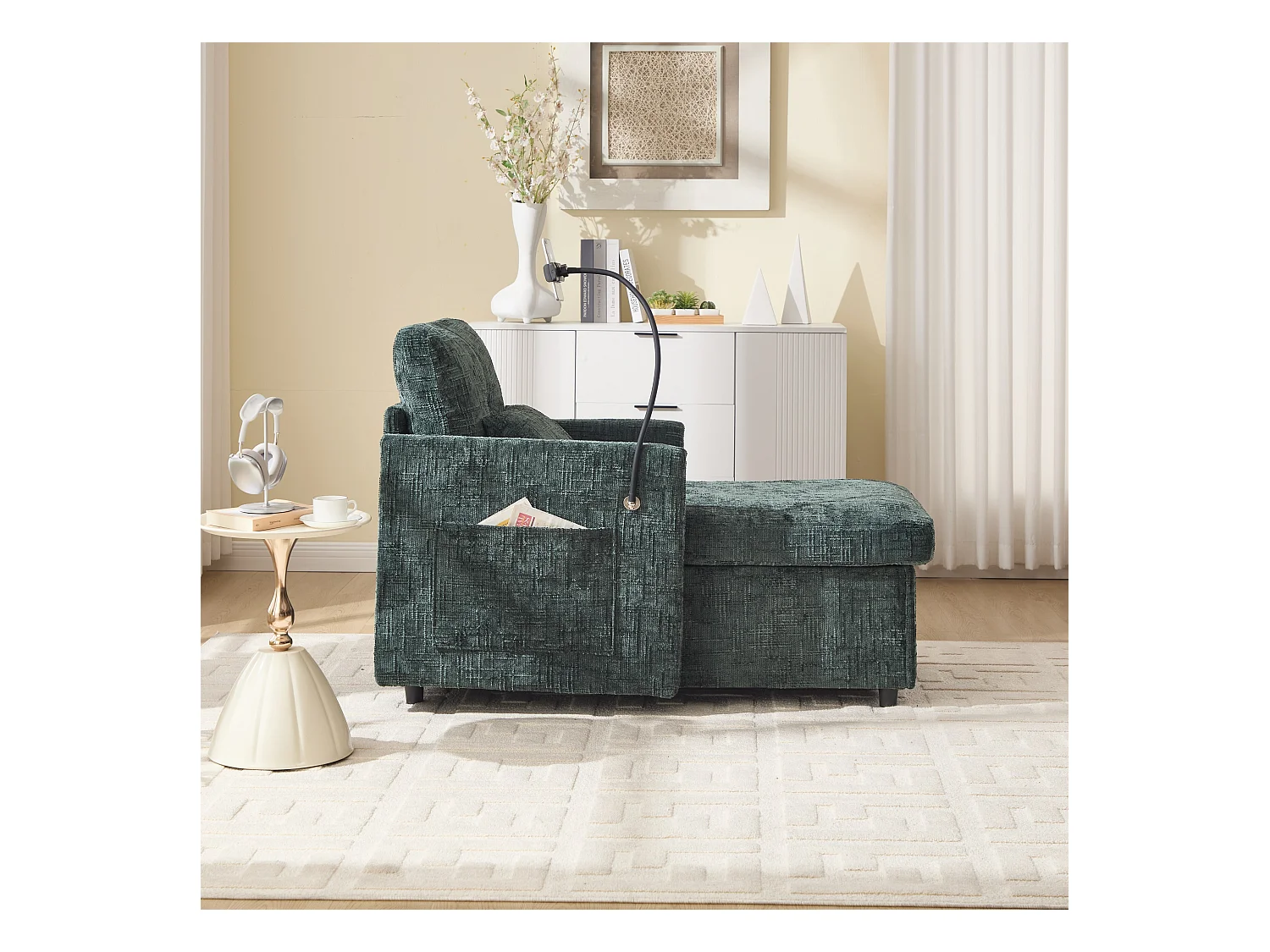 Einzel-Loungesofa mit Stauraum, Seitentaschen und Handyhalter - Chenille dunkelgrün