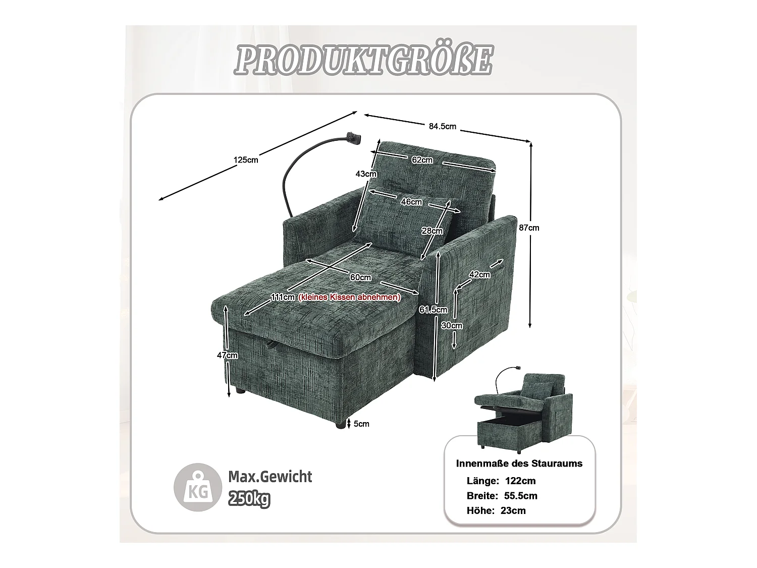 Einzel-Loungesofa mit Stauraum, Seitentaschen und Handyhalter - Chenille dunkelgrün
