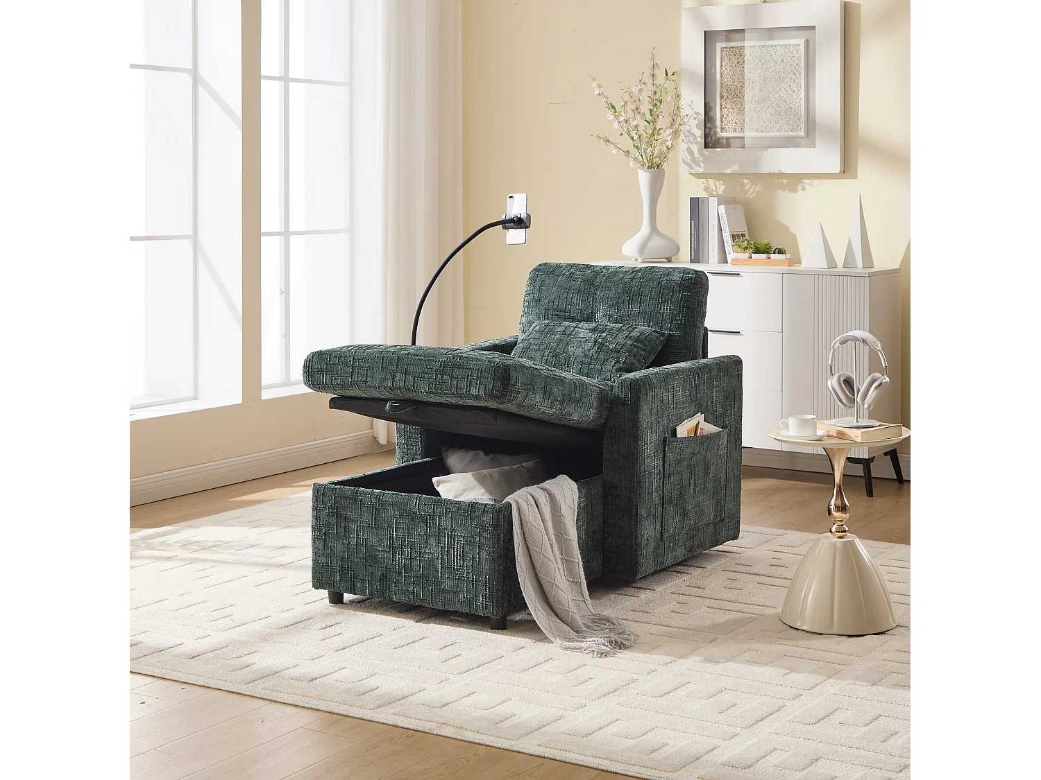 Einzel-Loungesofa mit Stauraum, Seitentaschen und Handyhalter - Chenille dunkelgrün