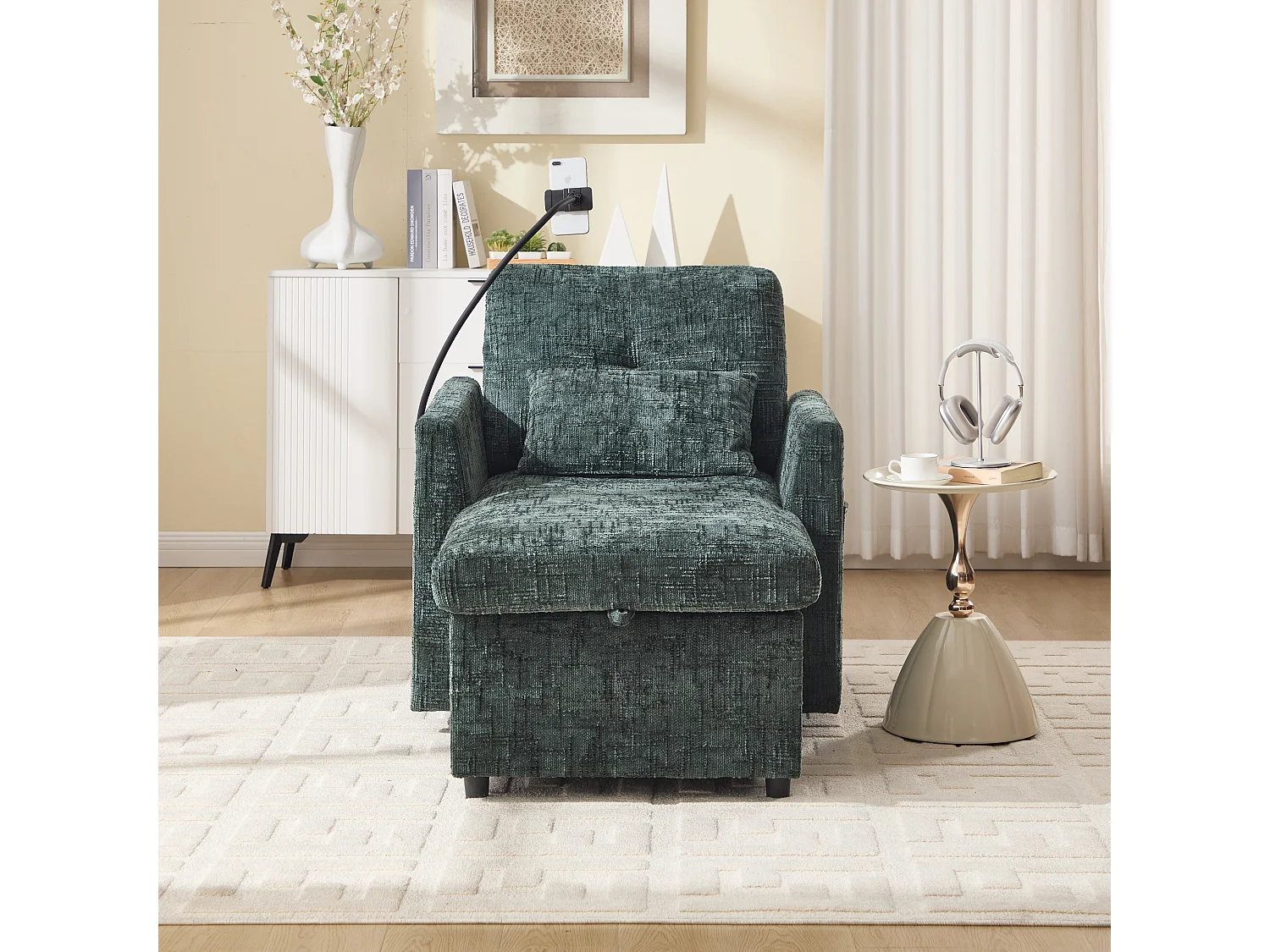 Einzel-Loungesofa mit Stauraum, Seitentaschen und Handyhalter - Chenille dunkelgrün