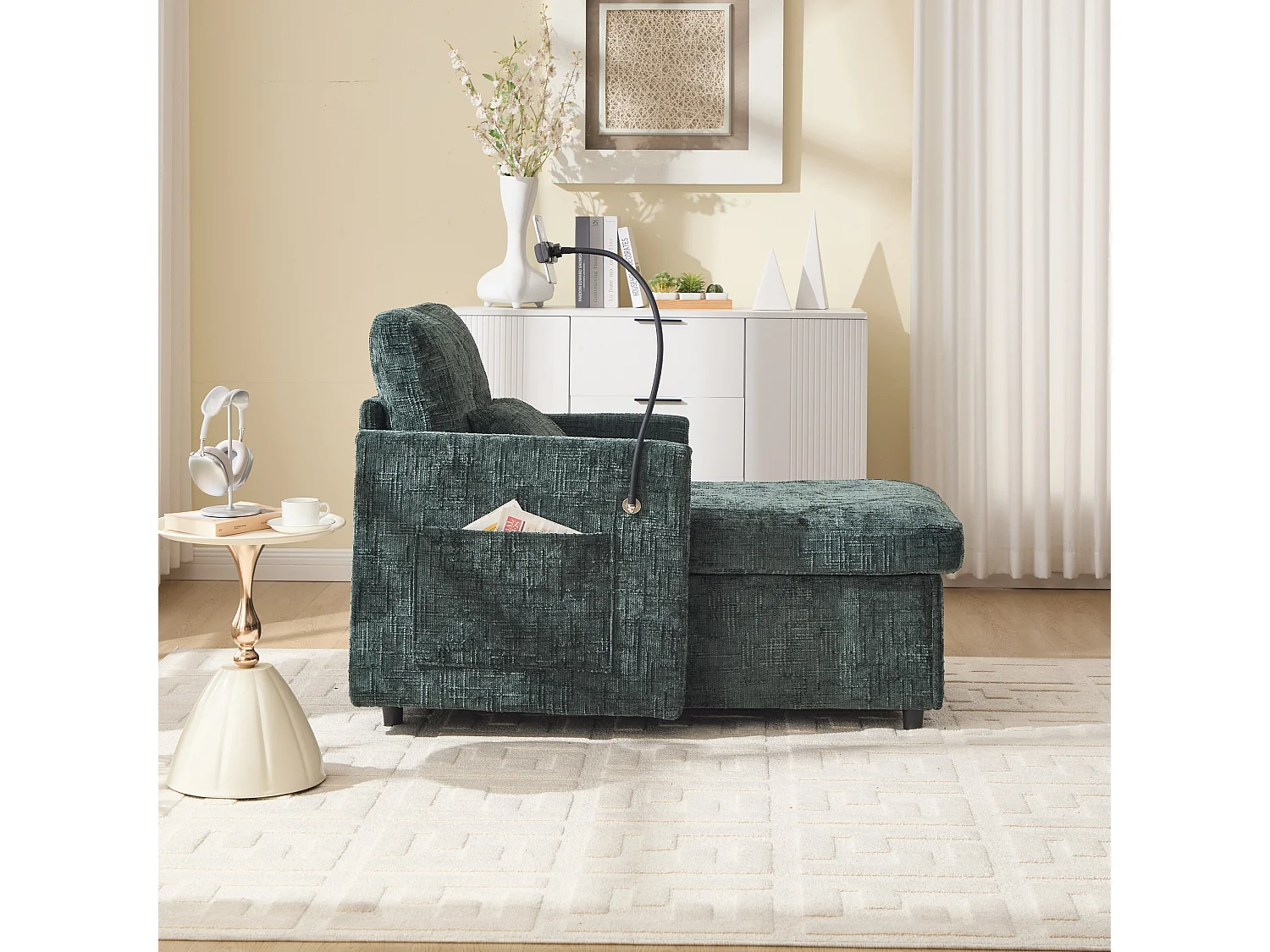 Einzel-Loungesofa mit Stauraum, Seitentaschen und Handyhalter - Chenille dunkelgrün