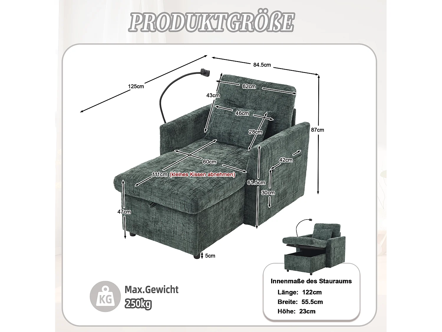 Einzel-Loungesofa mit Stauraum, Seitentaschen und Handyhalter - Chenille dunkelgrün