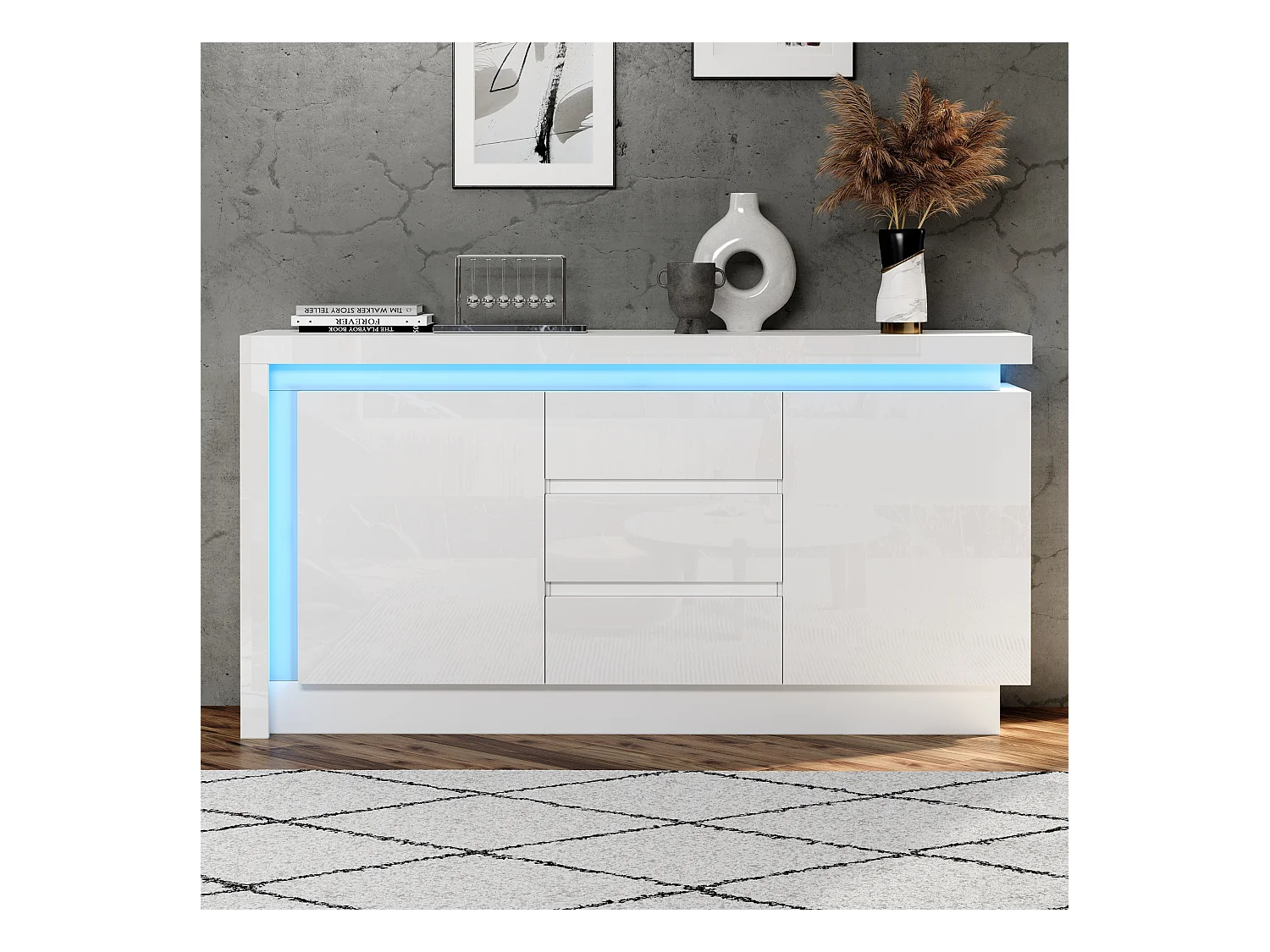 Buffet LED, buffet blanc avec 3 tiroirs et 2 portes, étagères réglables – pour salon ou chambre