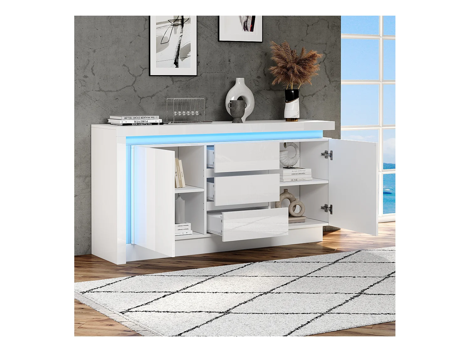 Buffet LED, buffet blanc avec 3 tiroirs et 2 portes, étagères réglables – pour salon ou chambre