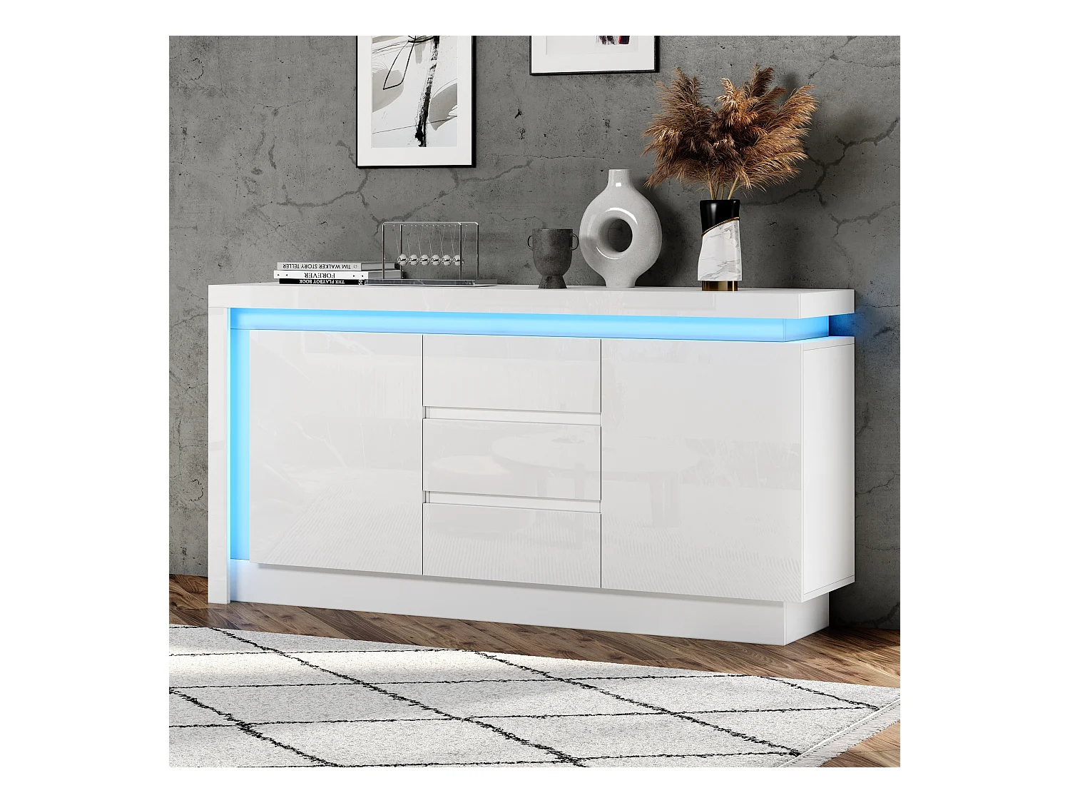 Buffet LED, buffet blanc avec 3 tiroirs et 2 portes, étagères réglables – pour salon ou chambre