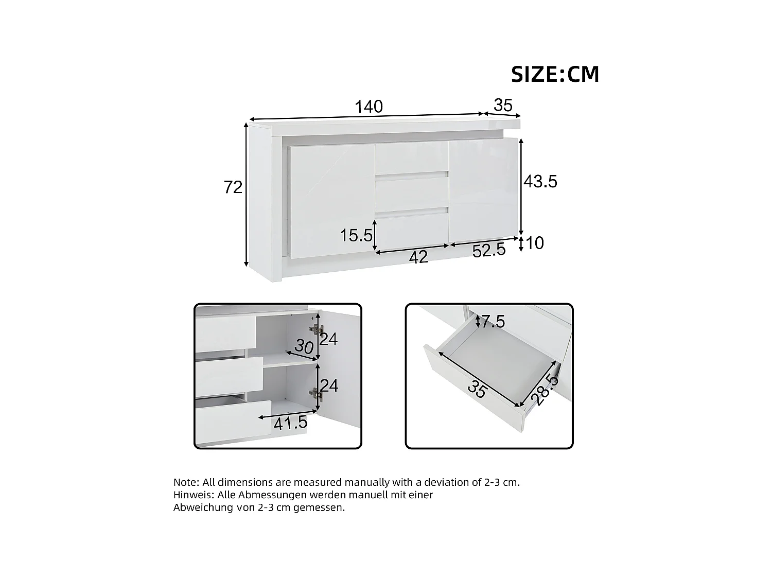 Buffet LED, buffet blanc avec 3 tiroirs et 2 portes, étagères réglables – pour salon ou chambre