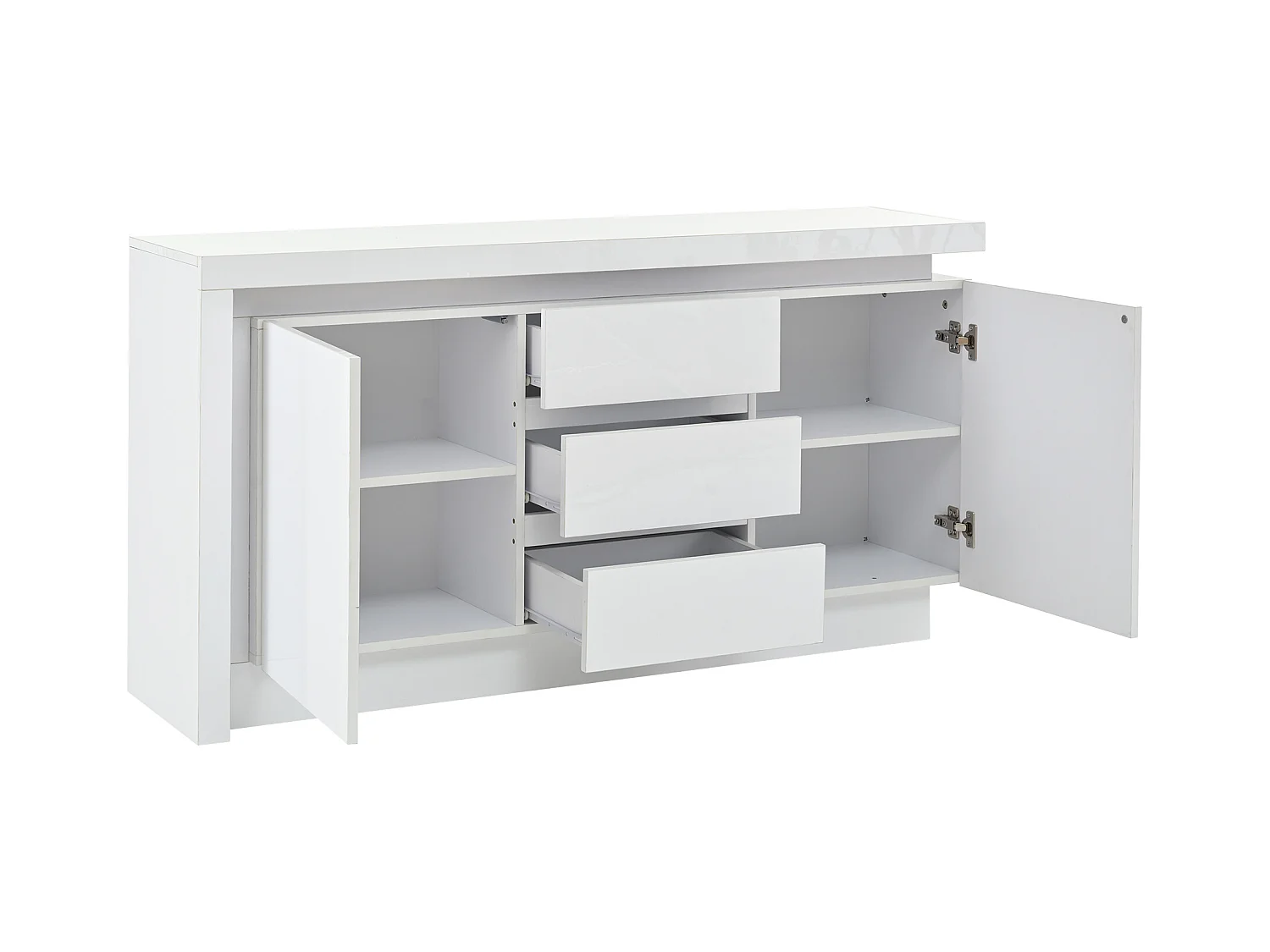 Buffet LED, buffet blanc avec 3 tiroirs et 2 portes, étagères réglables – pour salon ou chambre