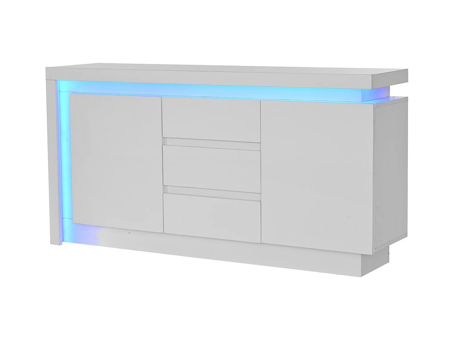 Buffet LED, buffet blanc avec 3 tiroirs et 2 portes, étagères réglables – pour salon ou chambre