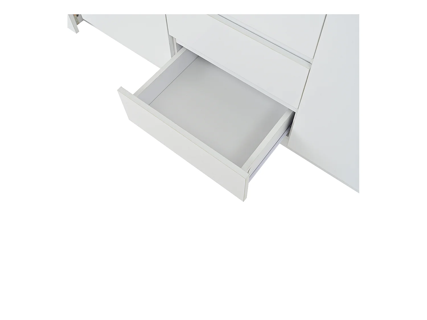 Buffet LED, buffet blanc avec 3 tiroirs et 2 portes, étagères réglables – pour salon ou chambre