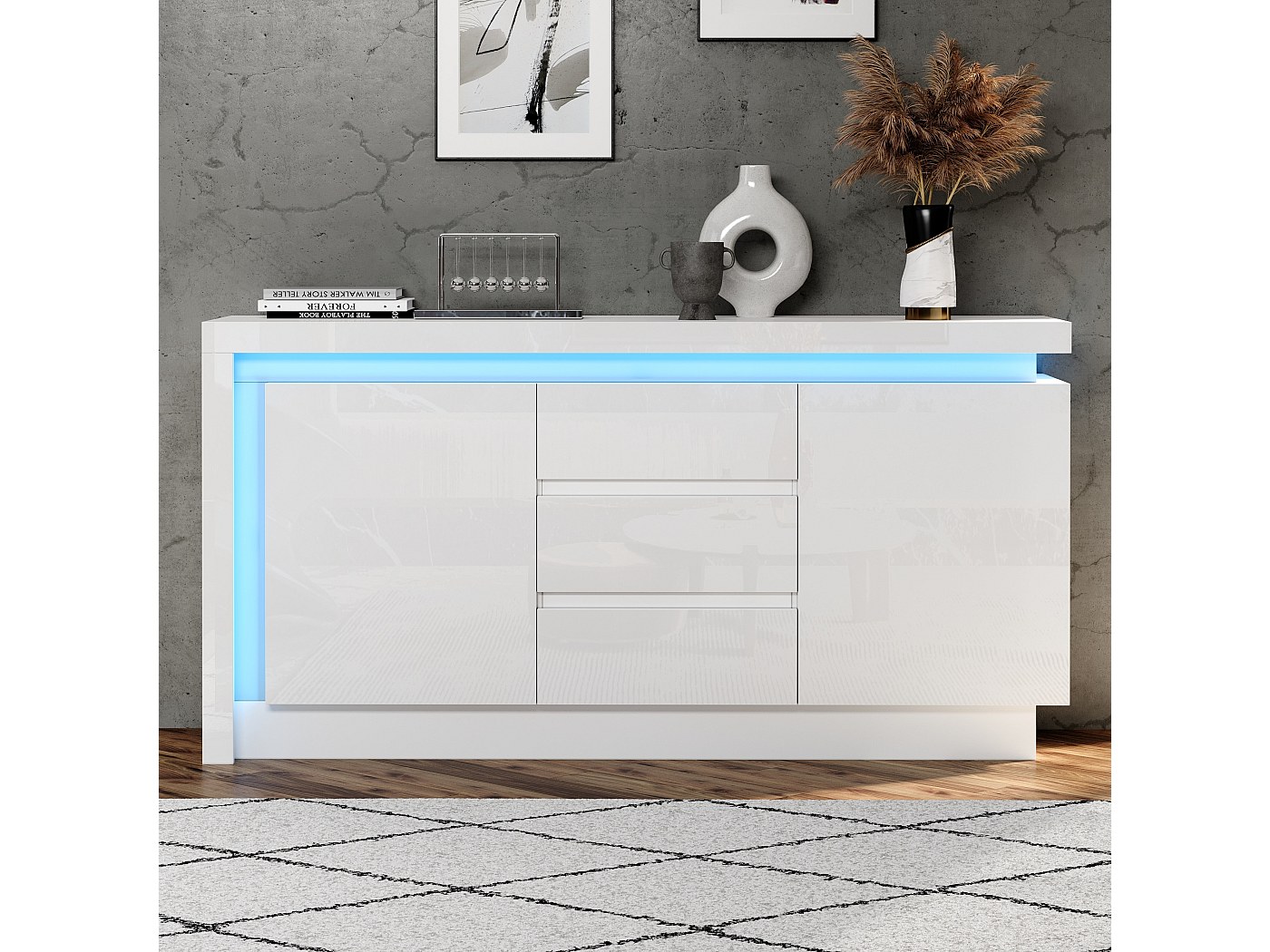 Credenza Bassa Con LED - 2 Ante E 3 Cassetti - Ripiani Regolabili Bianco 97432840