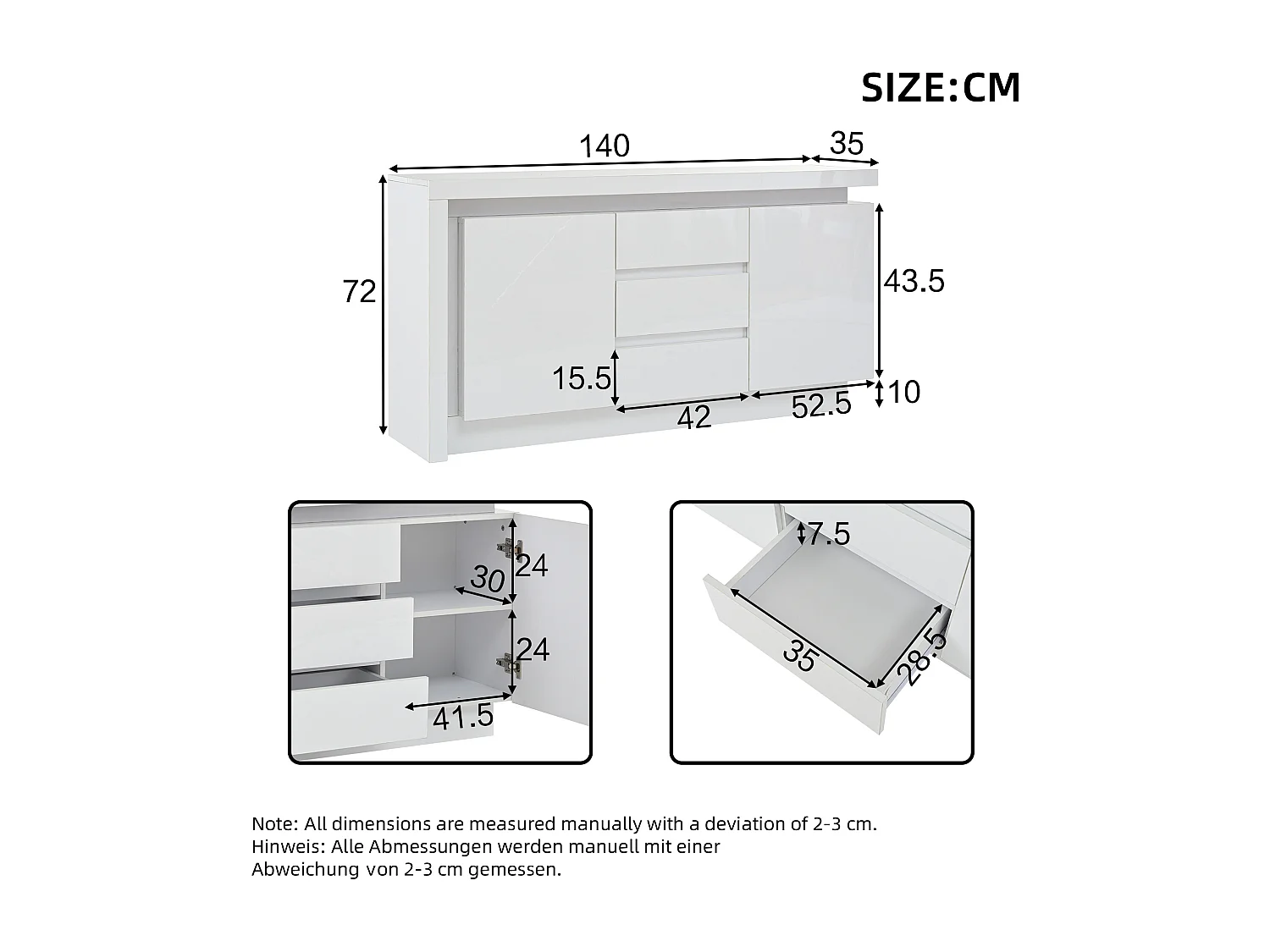 Buffet LED, buffet blanc avec 3 tiroirs et 2 portes, étagères réglables – pour salon ou chambre
