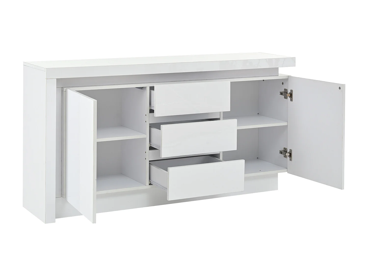 Buffet LED, buffet blanc avec 3 tiroirs et 2 portes, étagères réglables – pour salon ou chambre