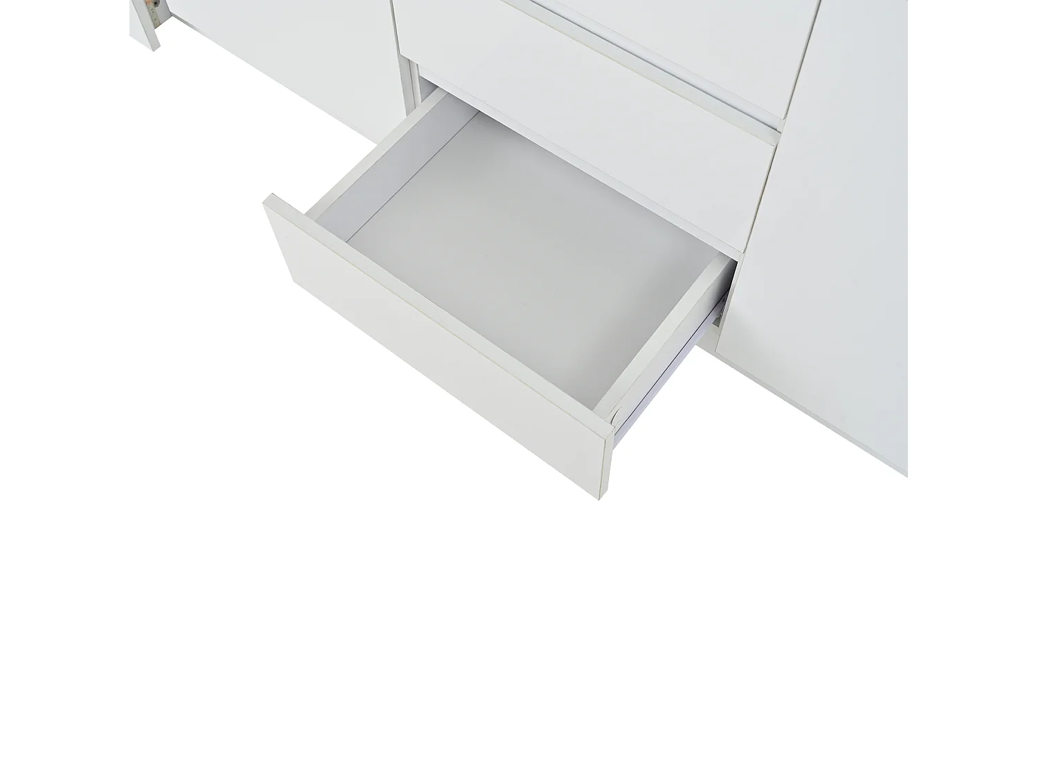 Buffet LED, buffet blanc avec 3 tiroirs et 2 portes, étagères réglables – pour salon ou chambre