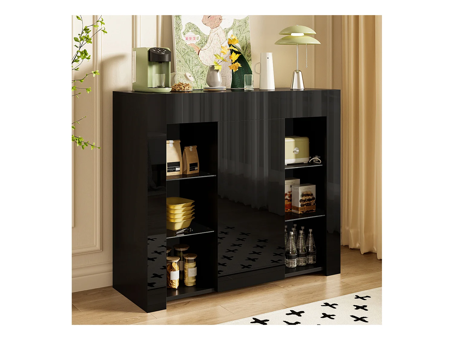 Buffet noir avec étagères en verre et 1 porte - pour salon et salle à manger