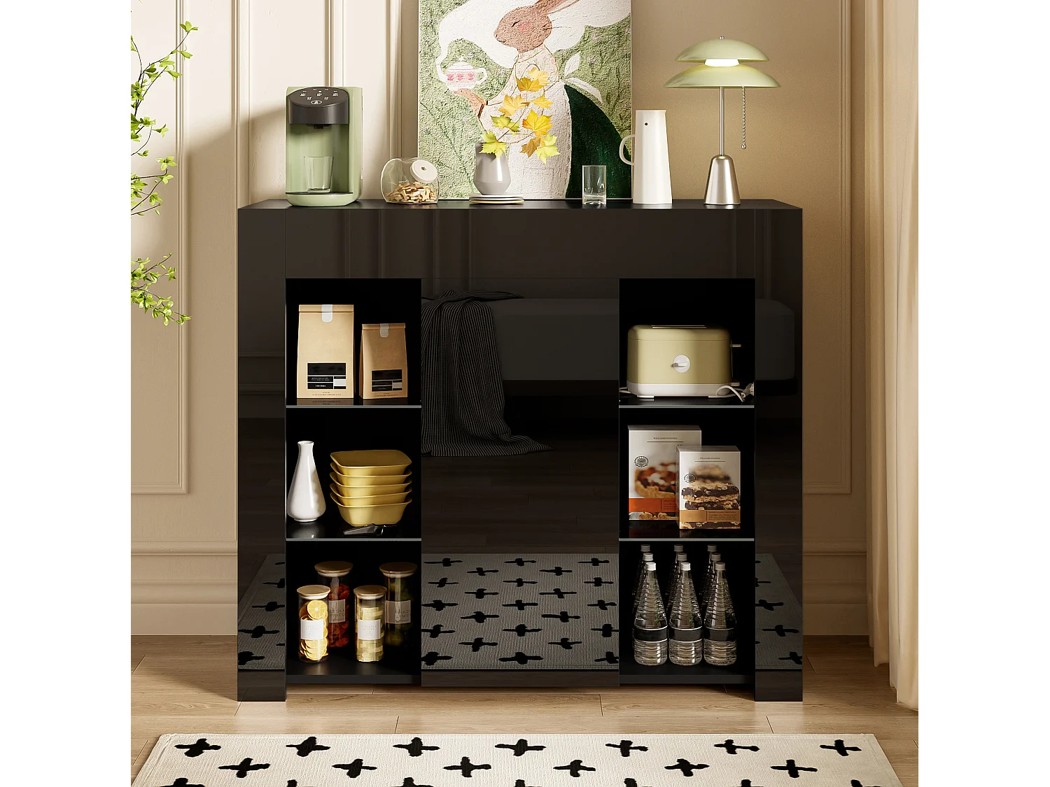 Buffet noir avec étagères en verre et 1 porte - pour salon et salle à manger