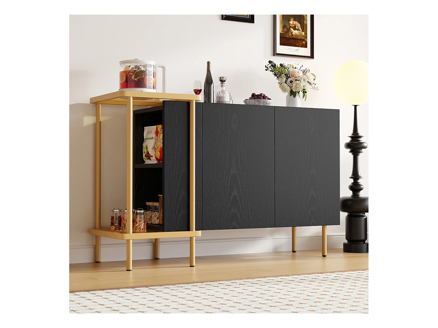 Buffet noir avec 2 portes et 2 compartiments ouverts, pieds en métal doré - pour salon