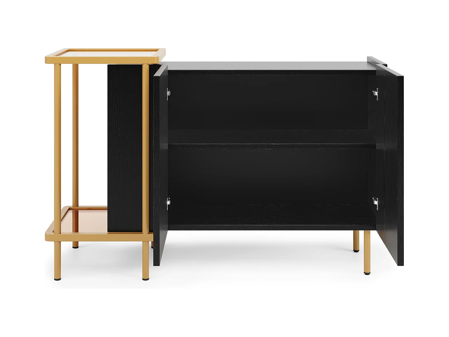Buffet noir avec 2 portes et 2 compartiments ouverts, pieds en métal doré - pour salon