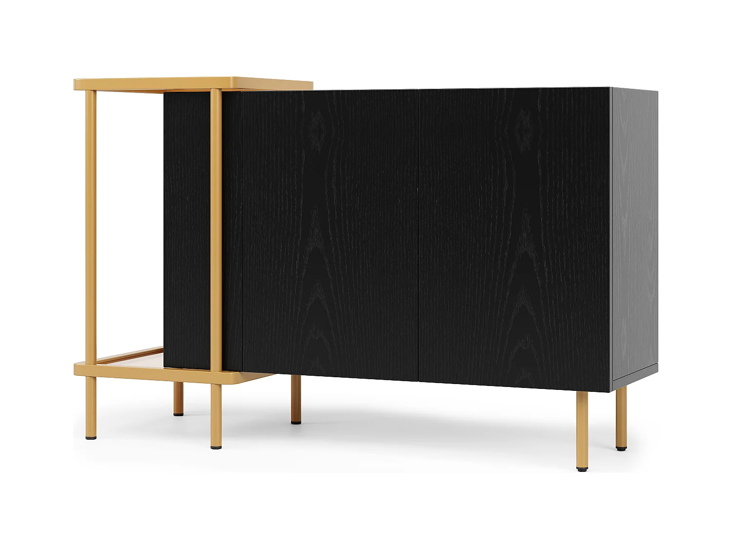 Buffet noir avec 2 portes et 2 compartiments ouverts, pieds en métal doré - pour salon