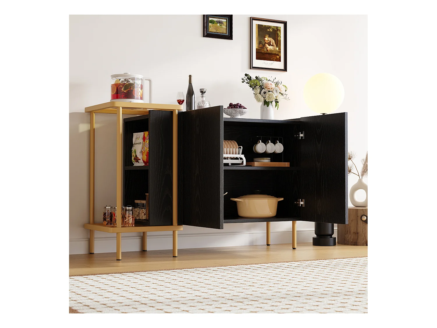 Buffet noir avec 2 portes et 2 compartiments ouverts, pieds en métal doré - pour salon