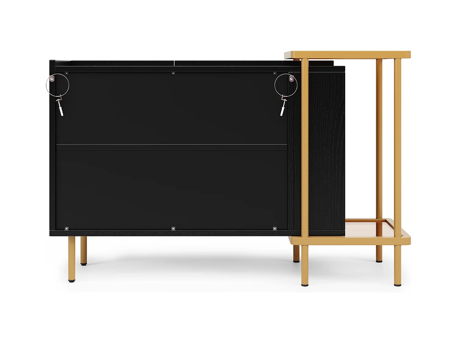 Buffet noir avec 2 portes et 2 compartiments ouverts, pieds en métal doré - pour salon