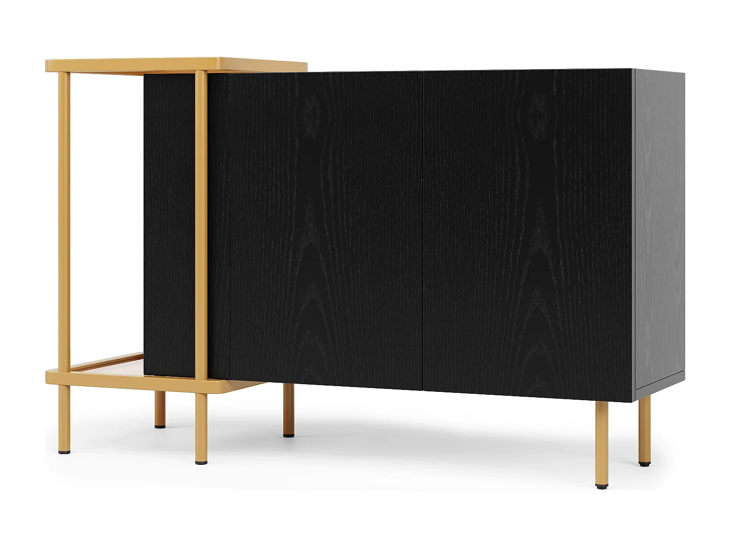 Buffet noir avec 2 portes et 2 compartiments ouverts, pieds en métal doré - pour salon