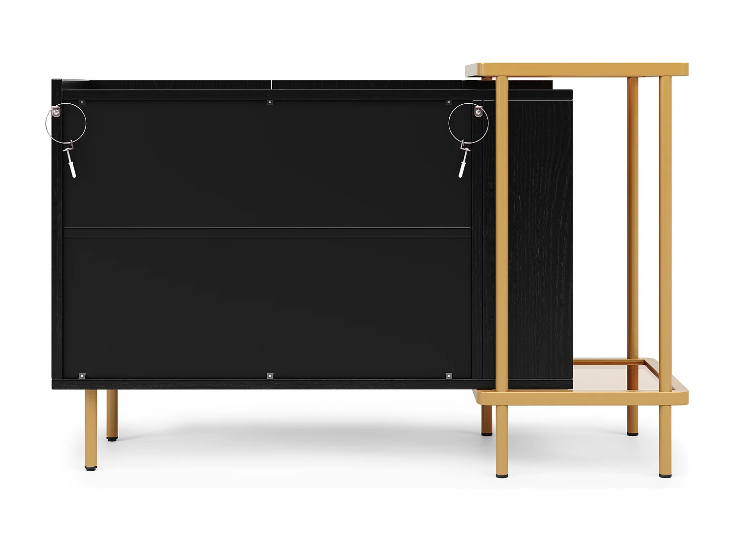 Buffet noir avec 2 portes et 2 compartiments ouverts, pieds en métal doré - pour salon