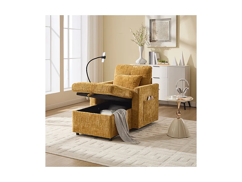 Einzel-Loungesofa mit Stauraum, Seitentaschen und Handyhalter - Chenille gelb