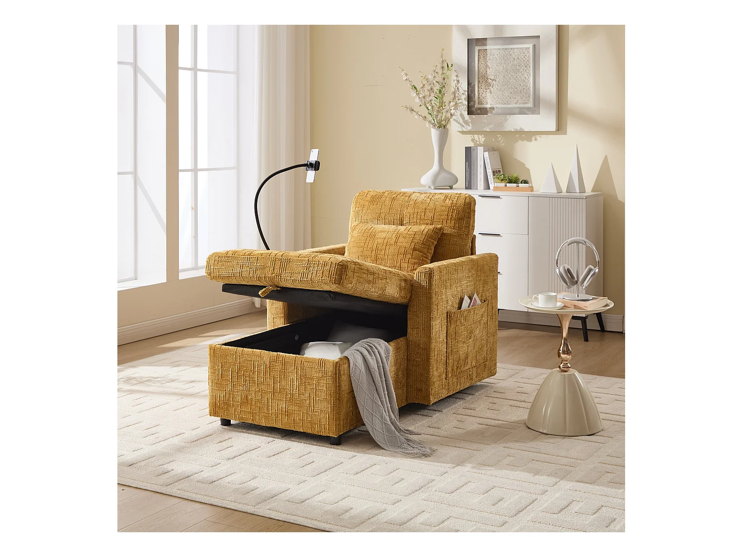 Canapé simple avec rangement, poches latérales et support pour téléphone - Chenille jaune