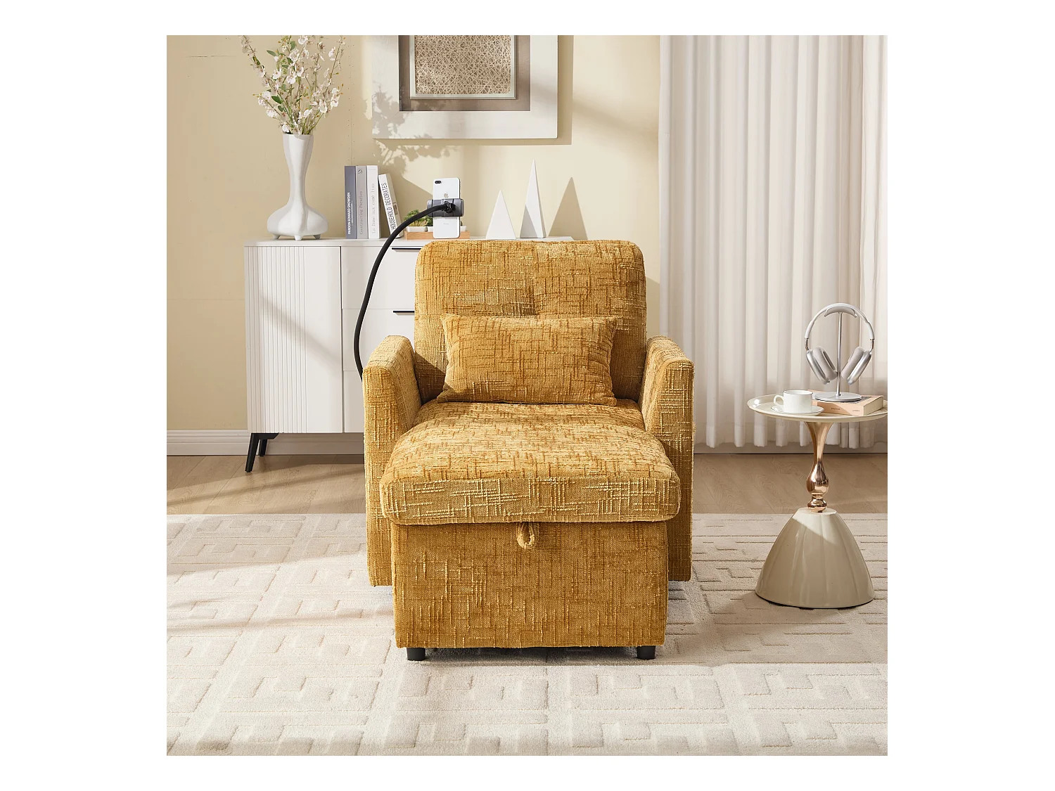 Einzel-Loungesofa mit Stauraum, Seitentaschen und Handyhalter - Chenille gelb