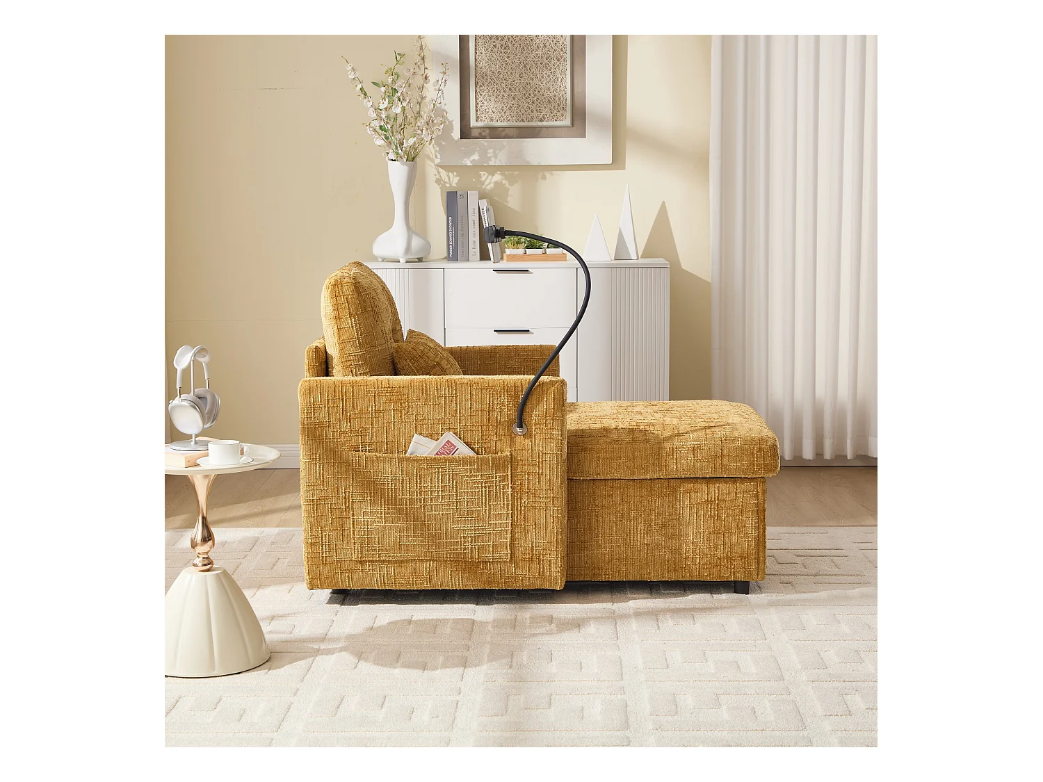 Einzel-Loungesofa mit Stauraum, Seitentaschen und Handyhalter - Chenille gelb