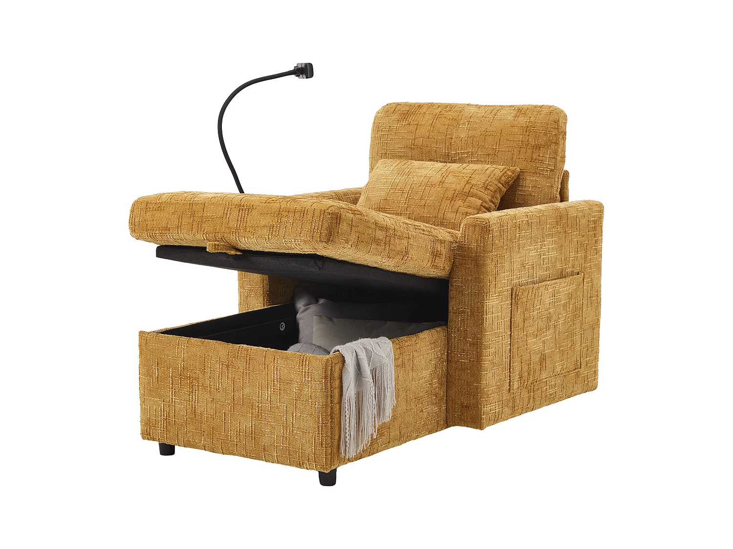 Einzel-Loungesofa mit Stauraum, Seitentaschen und Handyhalter - Chenille gelb