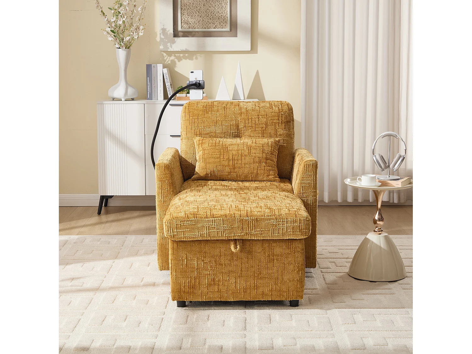 Einzel-Loungesofa mit Stauraum, Seitentaschen und Handyhalter - Chenille gelb