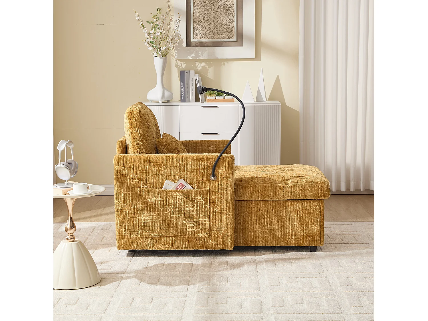 Einzel-Loungesofa mit Stauraum, Seitentaschen und Handyhalter - Chenille gelb