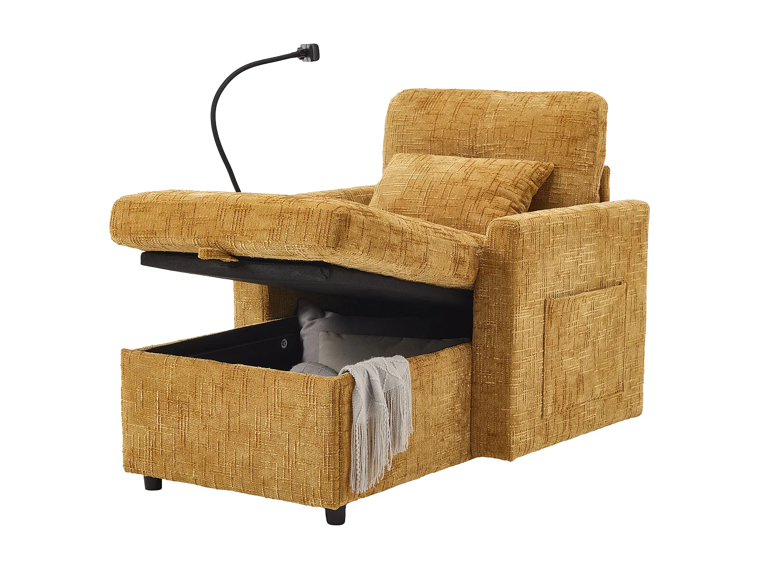 Einzel-Loungesofa mit Stauraum, Seitentaschen und Handyhalter - Chenille gelb