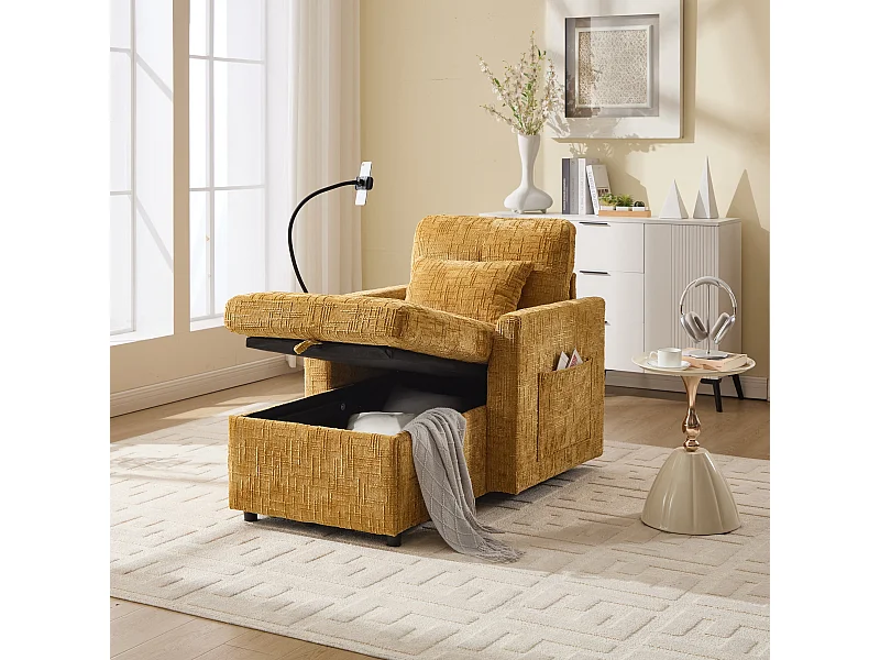 Sofa jednoosobowa z schowkiem, kieszeniami bocznymi i uchwytem na telefon - tkanina szenilowa żółta