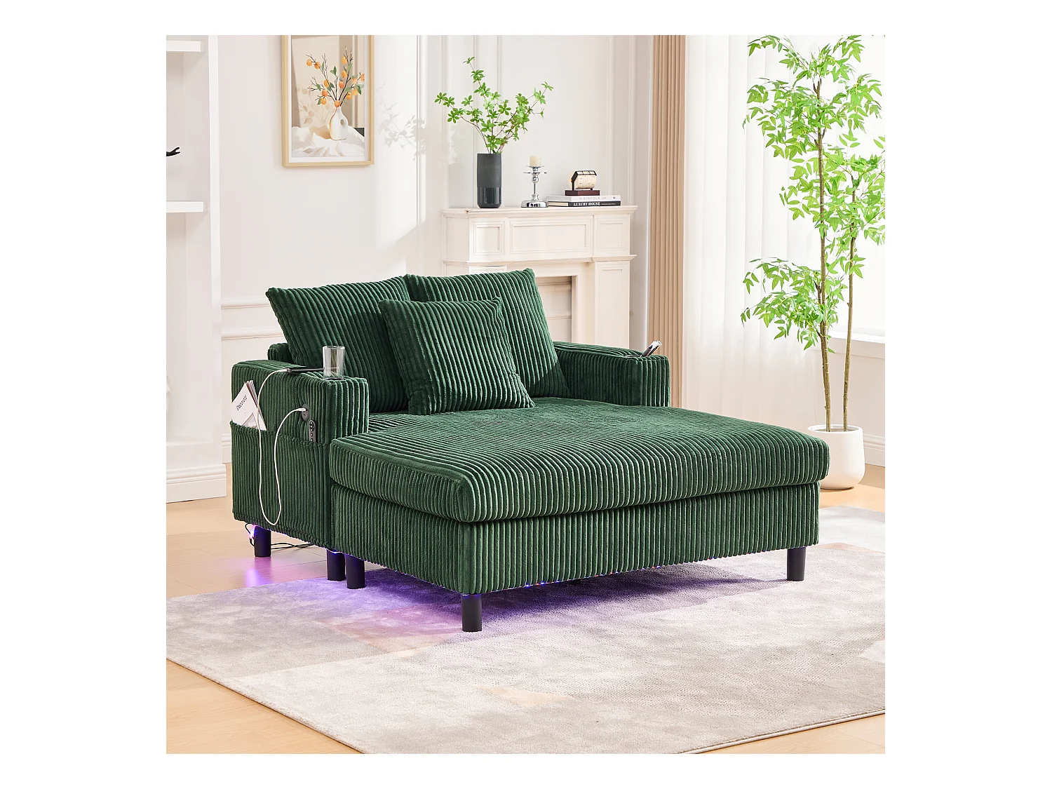 Loungebank van groen pluche met USB-poort, LED-verlichting en bekerhouders