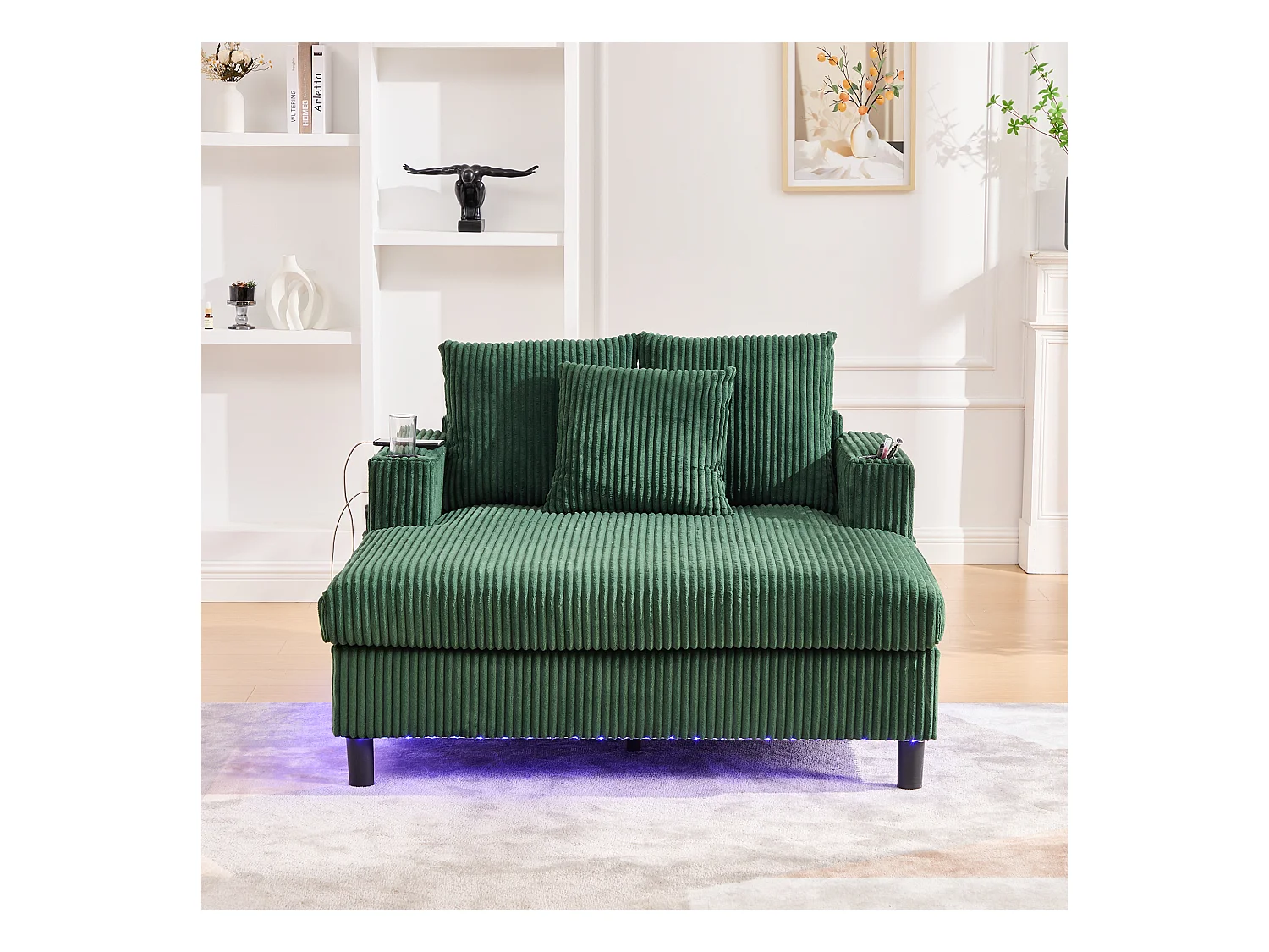 Loungebank van groen pluche met USB-poort, LED-verlichting en bekerhouders