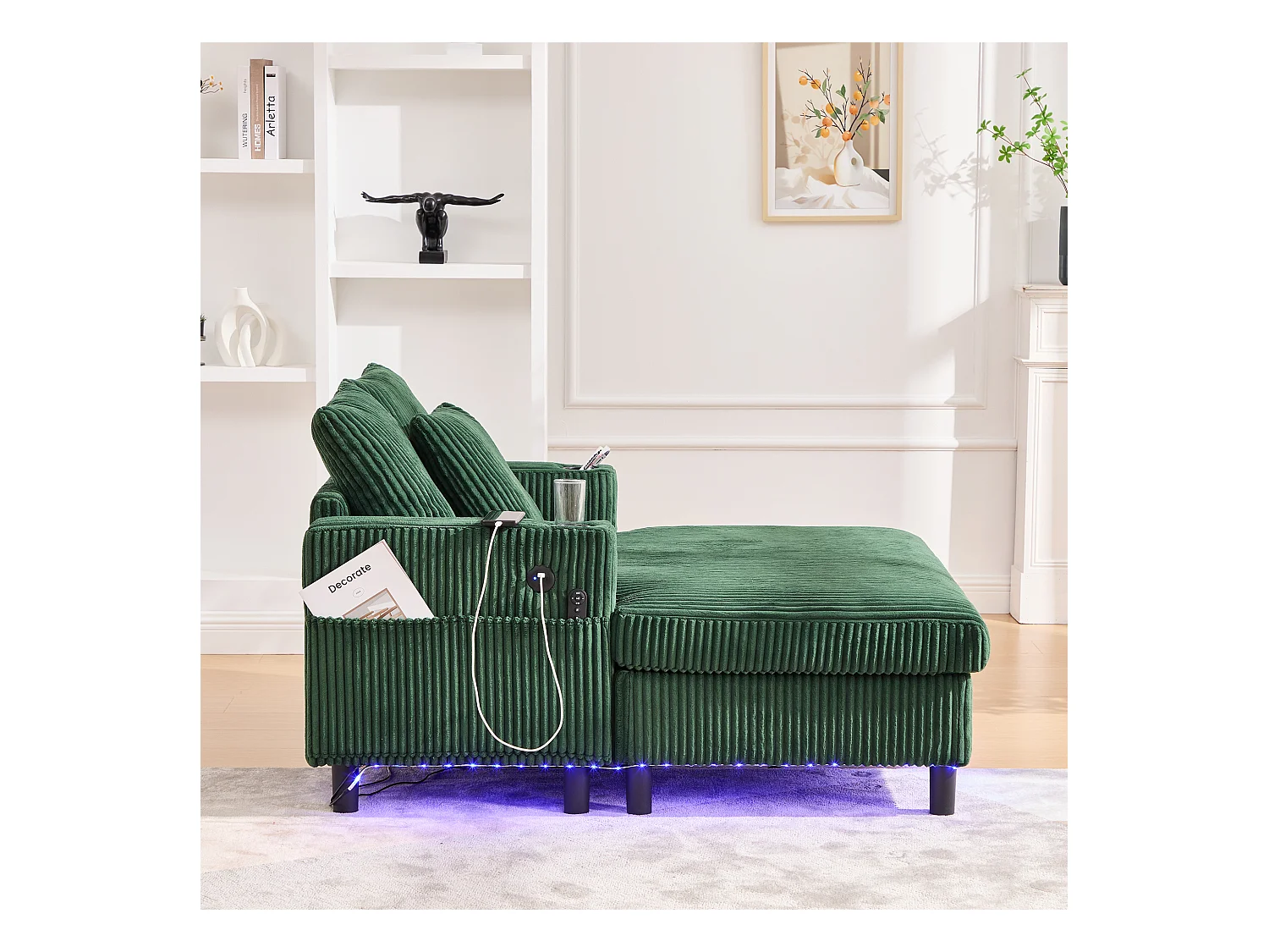 Loungebank van groen pluche met USB-poort, LED-verlichting en bekerhouders