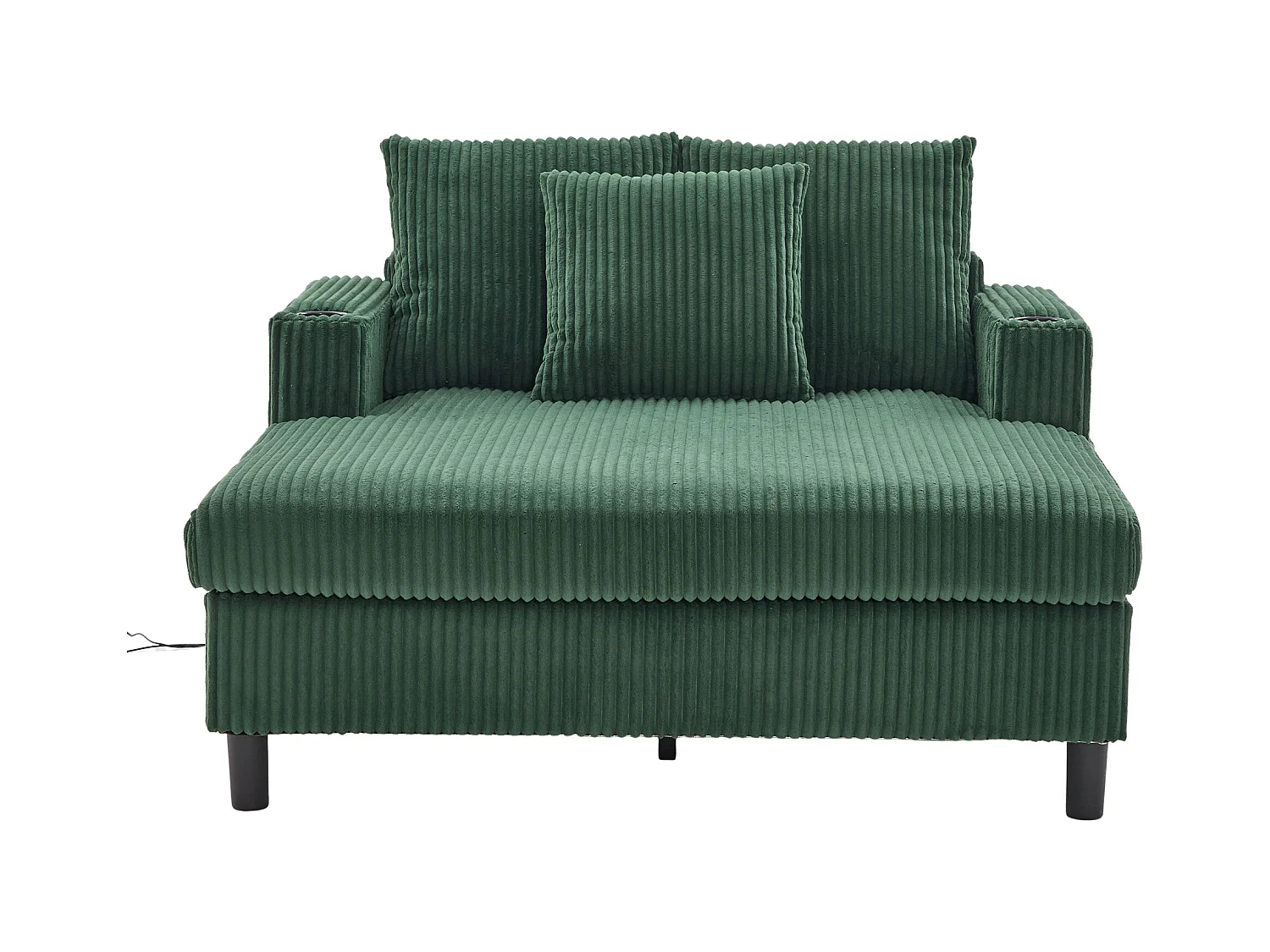 Loungebank van groen pluche met USB-poort, LED-verlichting en bekerhouders