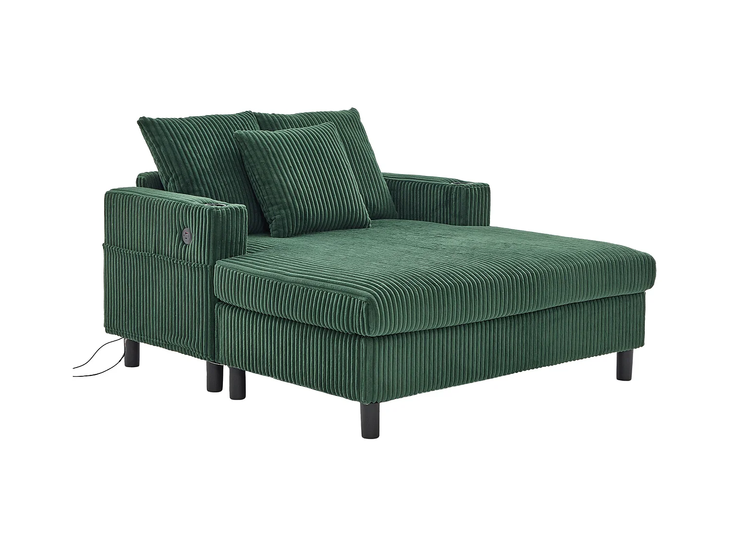 Loungebank van groen pluche met USB-poort, LED-verlichting en bekerhouders